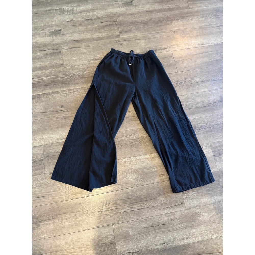 Unbranded Black Wide Leg Side Slit Pants Elastic Waist Drawstring Large Boho